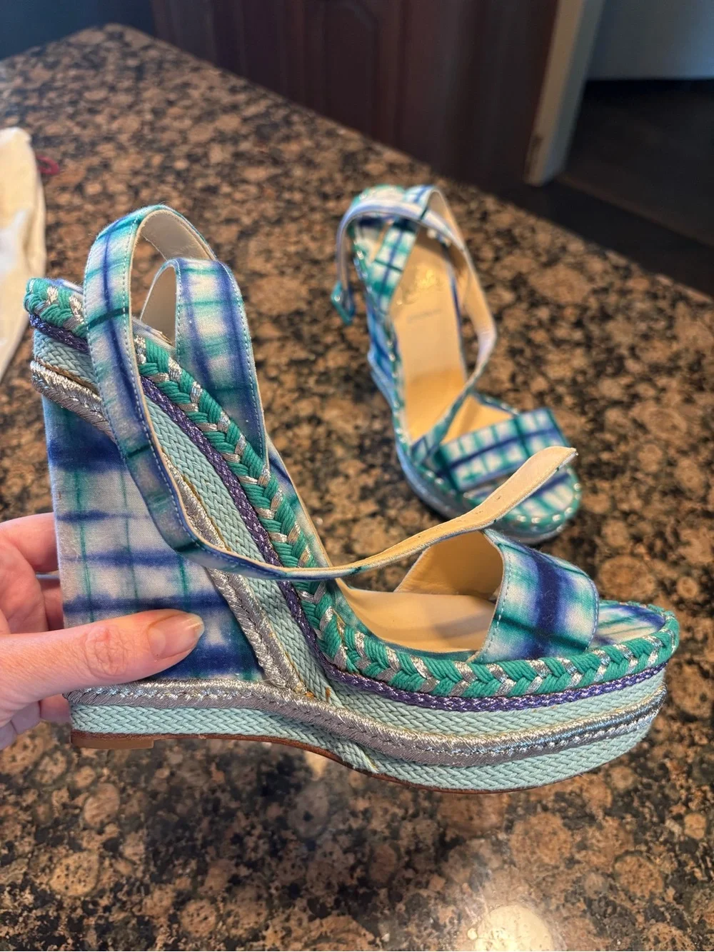 Christian Louboutin Teal & Blue Plaid Espadrille Wedge Sandals